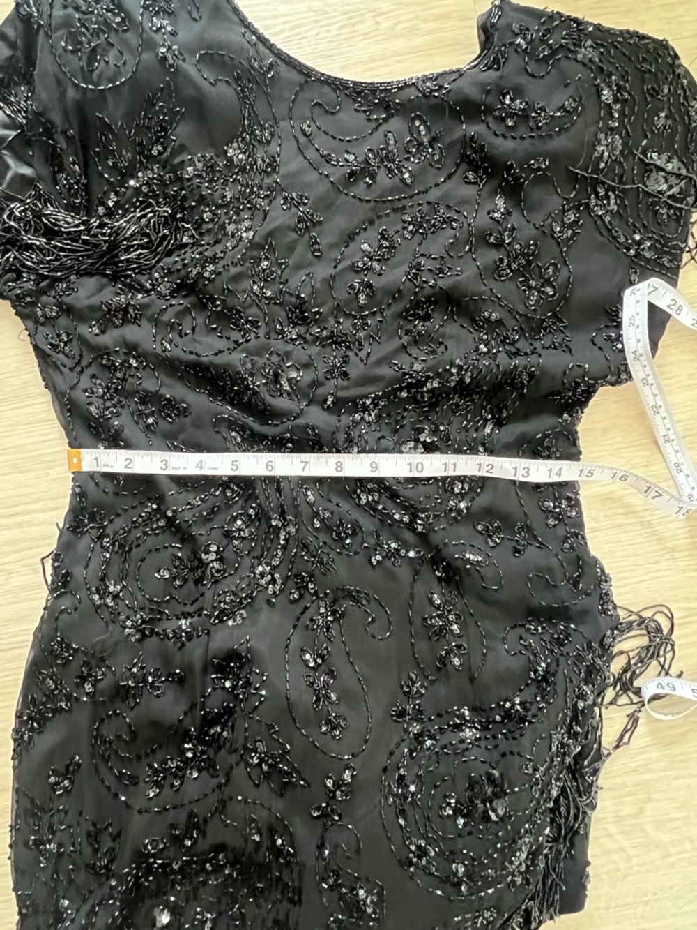 Vintage 70s Silk Oleg Cassini Black Beaded Fringe Sequin Dress Size 10  Flapper - Picture 7 of 9